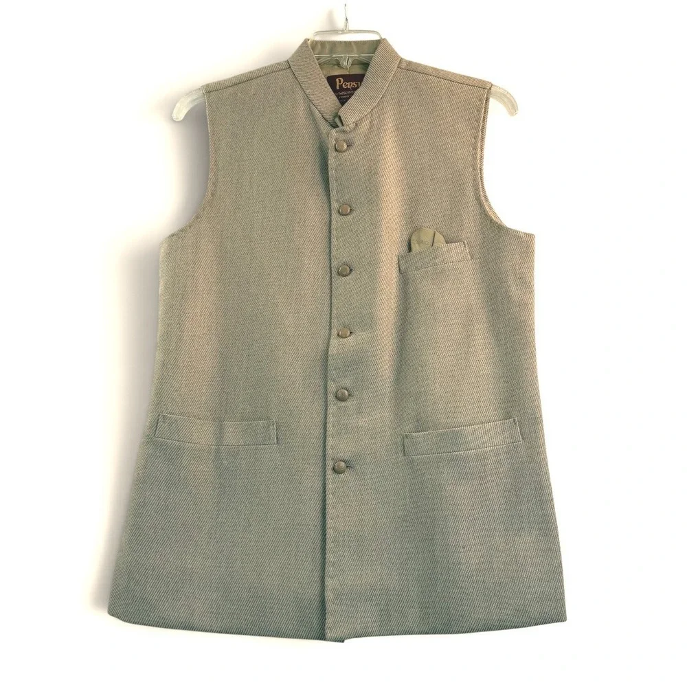Pensy Nehru Vest 38 Beige Textured Waistcoat Mandarin Collar Button Front PGL
